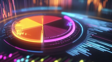 High-tech 3D pie chart rotating to show different financial metrics, with vibrant colors and a modern, clean interface