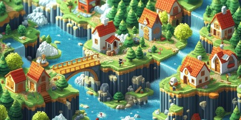 Fantasy Village on Floating Islands with a Bridge and Waterfalls