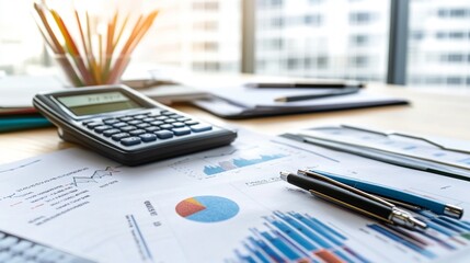 Close-up of a business plan document with financial graphs and a calculator
