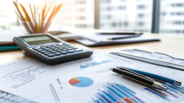 Close-up of a business plan document with financial graphs and a calculator
