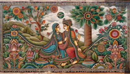 Fototapeta premium High-resolution stock photograph of a wall featuring a Traditional Madhubani style painting of a couple, intricately detailed with vivid colors on a rustic textured background
