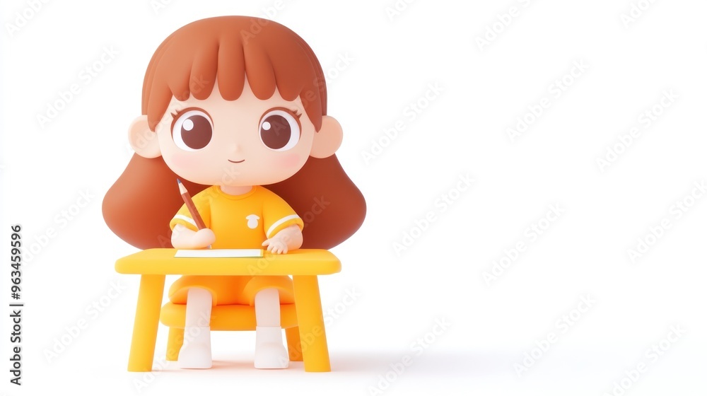 Sticker A cute character sitting at a yellow desk, writing on paper with a pencil.