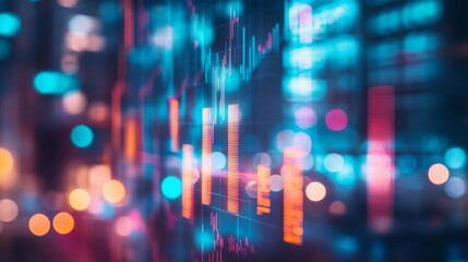 Colorful abstract lights with bright and blurred city background. Financial graphs, stock charts.