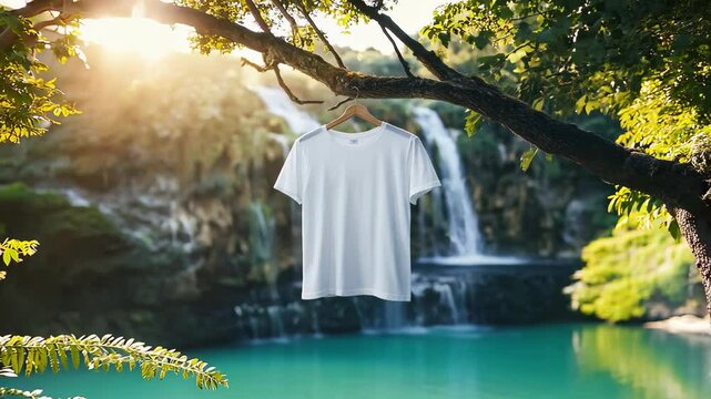 A mockup template design of a white t-shirt, held by wooden hangers at a tree branch.