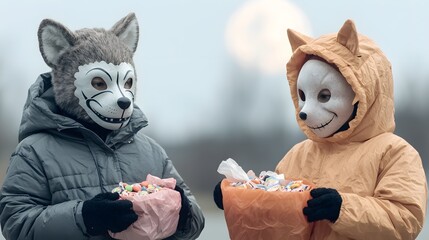 Two children wearing animal masks hold colorful bags filled with treats, set against a serene winter moonlit backdrop.