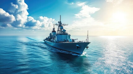 Obraz premium Large naval ship sailing in a clear blue sea, with the ship's powerful presence highlighted against the backdrop of a bright and sunny day