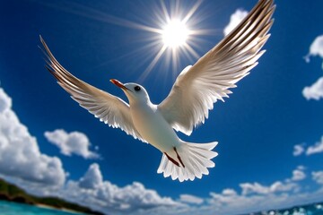 Fototapeta premium Bird rising on warm air currents, spiraling higher and higher as it ascends with grace, disappearing into the blue expanse