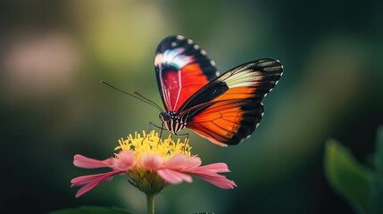 Fototapeta premium Macro shot of a colorful butterfly perched on a flower, showcasing its vibrant wings and delicate details in a natural setting