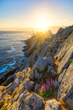 Pointe du Raz rocky promontory in Atlantic ocean, Finistere department, Brittany, France