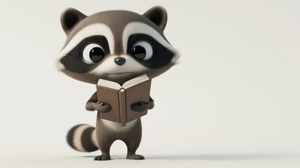 A cute raccoon character reading a book, showcasing curiosity and playfulness.