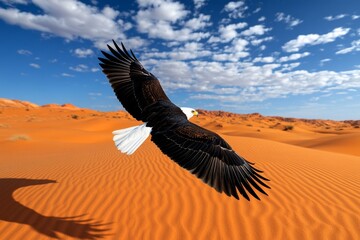 Naklejka premium Bird soaring over a desert, casting a shadow on the sand as it glides silently across the barren landscape