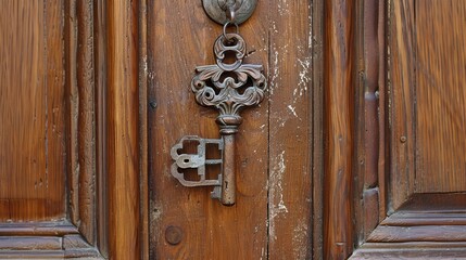 Skeleton key hanging on Solid wood door
