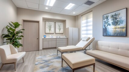 Elegant and Well-Equipped Medical Clinic Featuring Soothing Neutral Tones and Nature-Inspired Accents