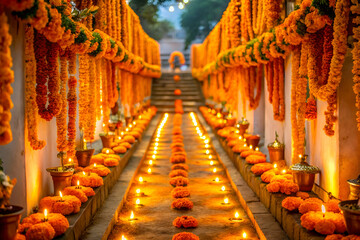 Fototapeta premium A long orange flower arrangement with candles lit in the middle