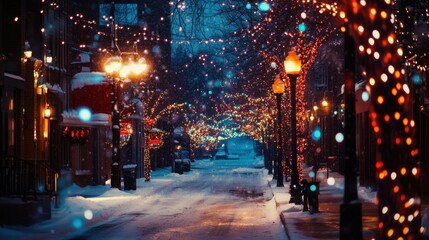 Snowy Street at Night with Christmas Lights and Lampposts