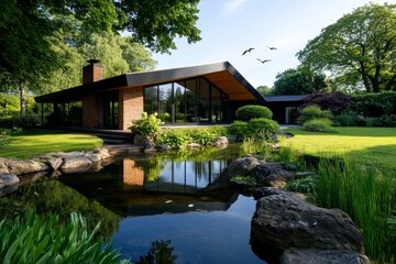 Fototapeta premium Country house nestled by a small lake, the water shimmering under the bright summer sun as birds swoop low over its surface