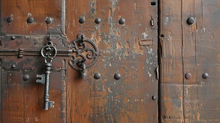 Fototapeta premium Skeleton key hanging on Solid wood door