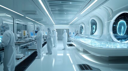 Obraz premium Cutting-edge Medical Research Lab with Researchers in Clean-room Suits and Advanced Analytical Instruments