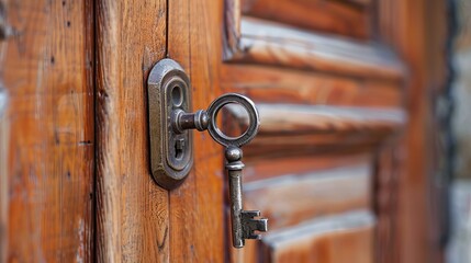 Obraz premium Skeleton key hanging on Solid wood door