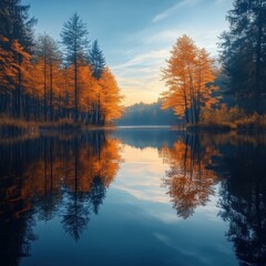 Obraz premium A serene lake mirroring golden autumn trees under a clear sky, ideal for nature, tranquility, and seasonal promotions,