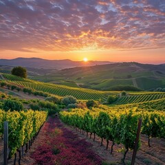 Fototapeta premium A tranquil vineyard at sunset, with rows of lush grapevines under a dramatic sky, perfect for travel brochures, wine advertisements, and nature-themed publications,
