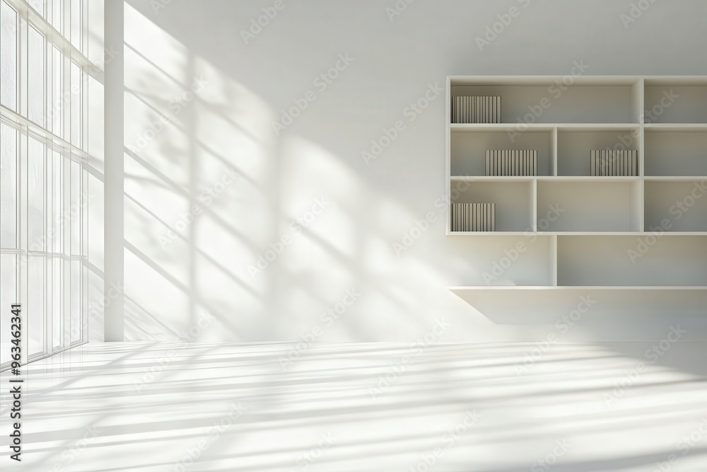 Wall mural a white room with a large window and a white bookshelf, generative ai image