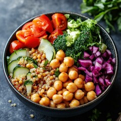 A colorful bowl filled with fresh vegetables like tomatoes, cucumbers, broccoli, purple cabbage, and chickpeas, perfect for healthy eating or vegan lifestyle content,