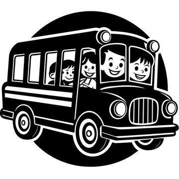 recommend clip art: School kids students children riding in bus going to school silhouette line art vector illustration