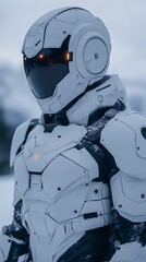 Futuristic White Robot in Snowy Landscape