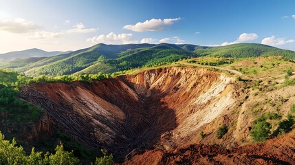 Obraz premium Expansive view of eroded hillsides due to deforestation, representing the loss of natural barriers and increased vulnerability to landslides.
