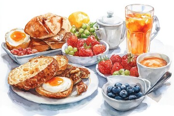 Delicious breakfast spread, food element, watercolor art, vibrant colors, isolated on white background