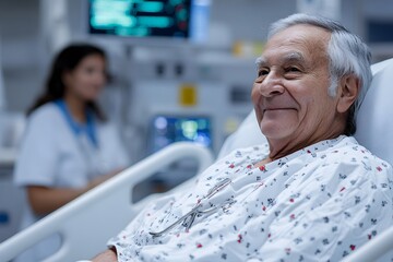 Obraz premium Elderly Patient Resting Comfortably in Hospital Bed with Attentive Medical Professionals Monitoring Progress