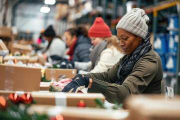 Group of people packing and sorting donated items at a charity warehouse, showcasing the spirit of giving back during the holiday season.. AI generated.
