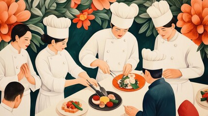 An aerial perspective of a lively isekai culinary contest