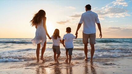 A family walking on the beach holding hands and holding hands