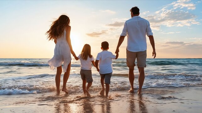 A family walking on the beach holding hands and holding hands