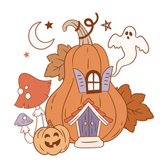 Hand drawn cute Halloween pumpkin house. PNG on transparent background. Perfect for tee shirt logo, sticker, greeting card, poster, invitation or print design.