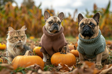 Dogs and cats in cozy autumn sweaters enjoying a crisp day in a pumpkin patch with vibrant fall foliage in the background.. AI generated.