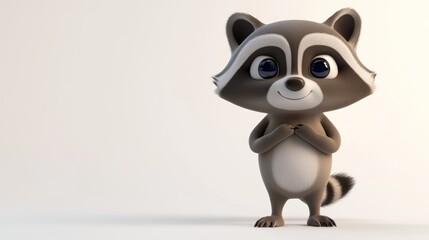 A cute, animated raccoon character with a friendly smile, standing and looking cheerful.