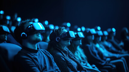Immersive virtual reality experience in a dark cinema with multiple people using headsets