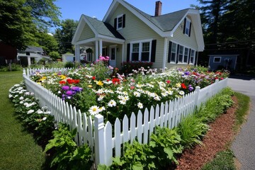 Country house with a white picket fence, bursting with wildflowers spilling over the edges, vibrant in the summer heat