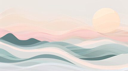 A serene and minimalistic line art illustration of the moon over mountains, with soft pastel colors and gentle lines. The background is a light blue, creating an atmosphere of calmness and tranquility