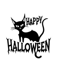 Vector Illustration of Halloween Cat with 'Happy Halloween' Text on Transparent Background