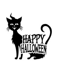 Vector Illustration of Halloween Cat with 'Happy Halloween' Text on Transparent Background