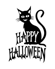 Vector Illustration of Halloween Cat with 'Happy Halloween' Text on Transparent Background