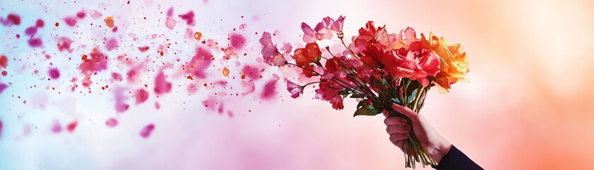 A vibrant bouquet of flowers bursting with color, symbolizing love and joy, against a dreamy background of soft hues.
