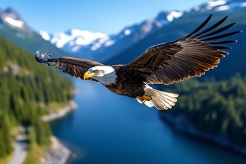 Obraz premium Eagle riding a chopper, wings spread wide catching the wind as it cruises above the mountain roads
