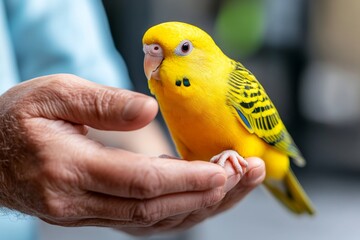 Elderly man feeding his pet bird with his caregiver helping to clean the cage, nurturing both his love for animals and his sense of independence