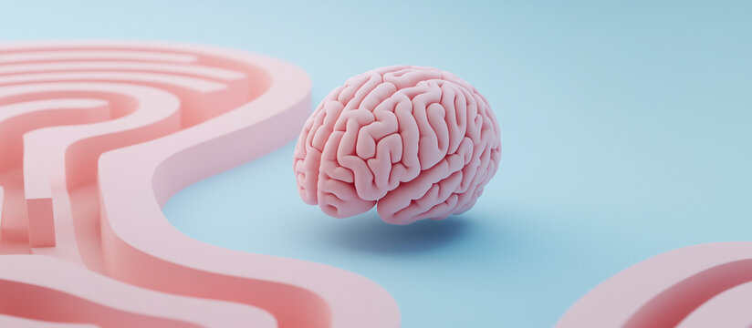 3D rendering of a pink brain model in front of the maze. Pastel colors.