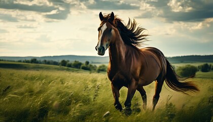 Obraz premium A powerful and majestic horse gallops through a lush green meadow, its mane flowing in the wind. The natural lighting and open field create a sense of freedom and untamed beauty, emphasizing the